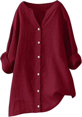 Womens Button Down Shirts Oversized V-Neck Linen Tops Casual Long Sleeve Cotton Blend Blouse Summer Outfits in Saudi Arabia