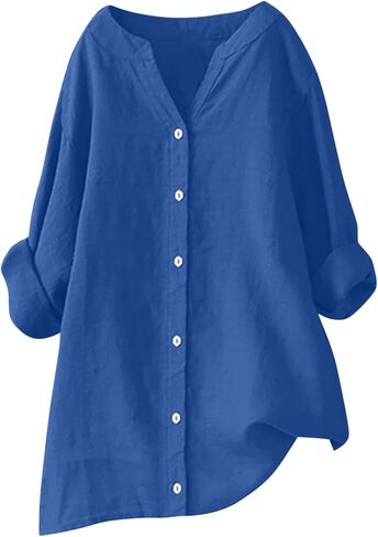 Womens Button Down Shirts Oversized V-Neck Linen Tops Casual Long Sleeve Cotton Blend Blouse Summer Outfits in Saudi Arabia