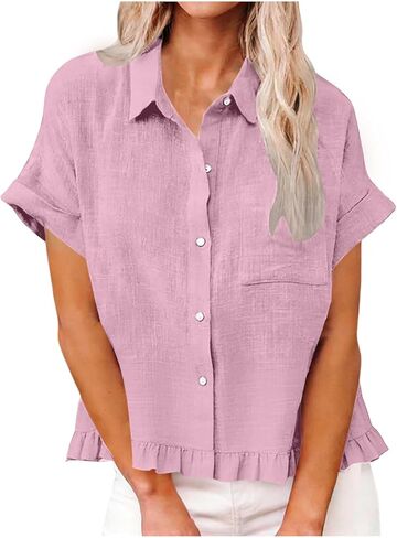 Linen Shirts for Women Short Sleeve Button Down Fashion Ruffle Hem Shirts 2026 Summer Beach Loose Fit V-Neck Tops in Kuwait