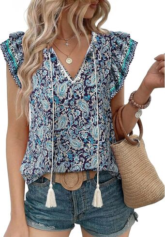 بلوزات كاجوال نسائية صيفية من Unixseque بربطة أمامية كاجوال وقمصان ذات أكمام مكشكشة من طراز Boho in Kuwait