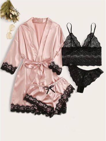 Silk Satin Pajamas Set for Women, 4pcs Lingerie Floral Lace Cami Sleepwear with Robe, Pink L in Saudi Arabia