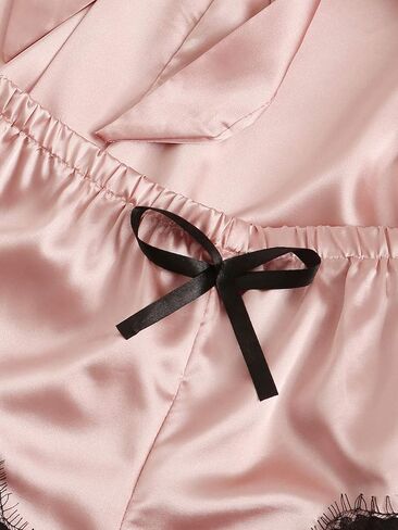 Silk Satin Pajamas Set for Women, 4pcs Lingerie Floral Lace Cami Sleepwear with Robe, Pink L in Saudi Arabia