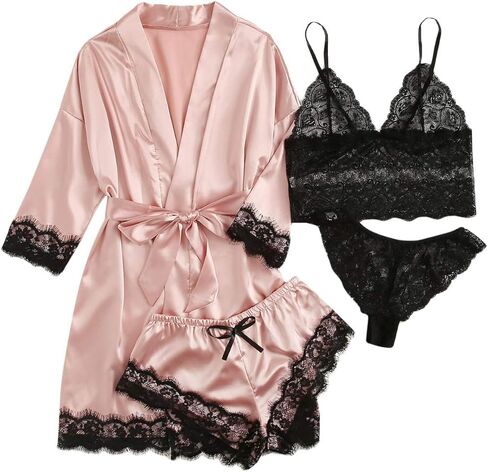 Silk Satin Pajamas Set for Women, 4pcs Lingerie Floral Lace Cami Sleepwear with Robe, Pink L in Saudi Arabia