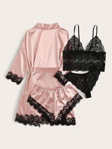 Silk Satin Pajamas Set for Women, 4pcs Lingerie Floral Lace Cami Sleepwear with Robe, Pink L in Saudi Arabia