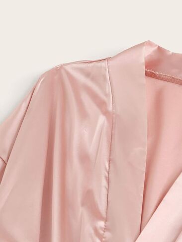 Silk Satin Pajamas Set for Women, 4pcs Lingerie Floral Lace Cami Sleepwear with Robe, Pink L in Saudi Arabia