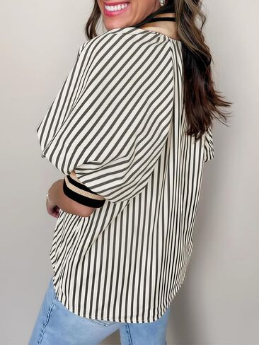 بلوزة نسائية مخططة بأكمام منتفخة، نصف سحاب، فضفاضة، كتلة الألوان، مضلعة، بياقة، سوداء in Kuwait