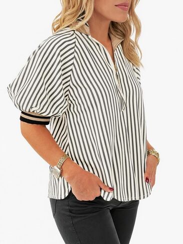 بلوزة نسائية مخططة بأكمام منتفخة، نصف سحاب، فضفاضة، كتلة الألوان، مضلعة، بياقة، سوداء in Kuwait