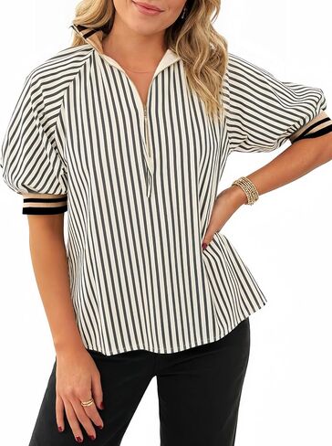 بلوزة نسائية مخططة بأكمام منتفخة، نصف سحاب، فضفاضة، كتلة الألوان، مضلعة، بياقة، سوداء in Kuwait