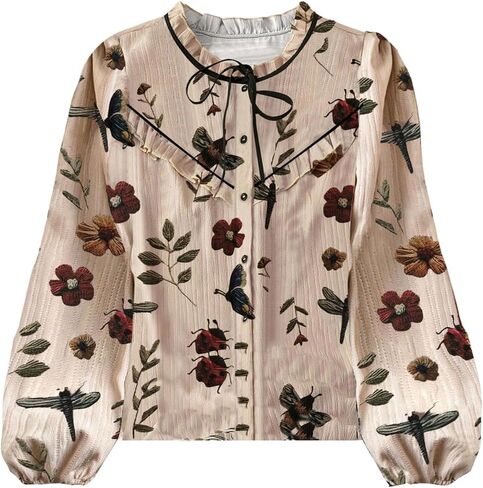 SHENHE Women's Plus Size Lantern Sleeve Button Up Tie Bow Floral Blouse Dressy Casual Fall Top in Saudi Arabia