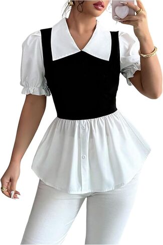 SweatyRocks Women's Puff Short Sleeve Peplum Blouses Dressy Casual Ruffle Babydoll Shirt Tops in Saudi Arabia