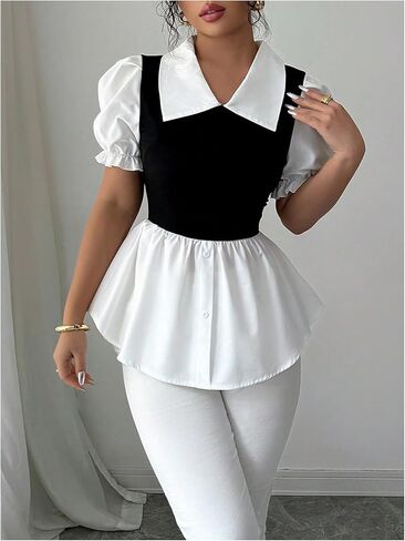 SweatyRocks Women's Puff Short Sleeve Peplum Blouses Dressy Casual Ruffle Babydoll Shirt Tops in Saudi Arabia