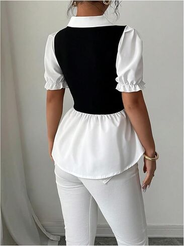 SweatyRocks Women's Puff Short Sleeve Peplum Blouses Dressy Casual Ruffle Babydoll Shirt Tops in Saudi Arabia