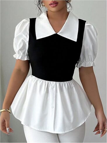 SweatyRocks Women's Puff Short Sleeve Peplum Blouses Dressy Casual Ruffle Babydoll Shirt Tops in Saudi Arabia