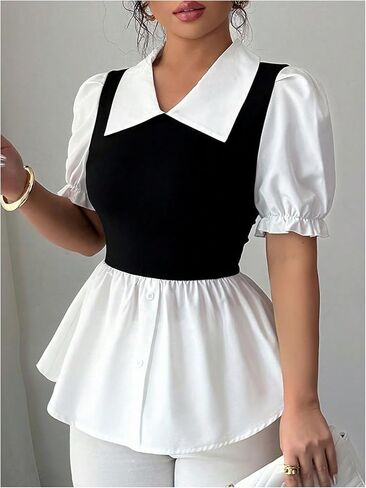 SweatyRocks Women's Puff Short Sleeve Peplum Blouses Dressy Casual Ruffle Babydoll Shirt Tops in Saudi Arabia