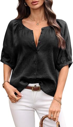 Women's 100% Linen Shirt Puff 3/4 Sleeve Ruches Crewneck 2026 Summer Trendy Button Up Bloses Top in Kuwait