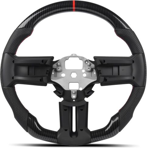 Hydro-dip Carbon Fiber Steering Wheel for Ford Mustang 2010-2014 GT Shelby GT500 Boss 302 V6, Track Style Red Stitching Flat Bottom Perforated Nappa Leather Sports Grip Replacement, Interior Upgrade in Kuwait
