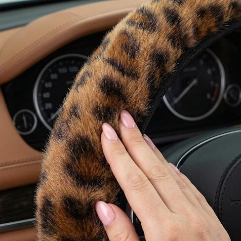 Brown Leopard Print Fuzzy Steering Wheel Cover for Women, Universal 15 Inch Fur Steering Wheel Cover Fit Auto, Vehicle Wheels Protector Cheetah Print Car Accessories- 1 Pc in Kuwait