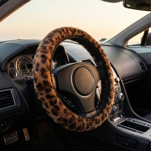 Brown Leopard Print Fuzzy Steering Wheel Cover for Women, Universal 15 Inch Fur Steering Wheel Cover Fit Auto, Vehicle Wheels Protector Cheetah Print Car Accessories- 1 Pc in Kuwait