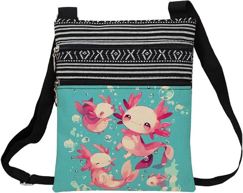 Cartoon Axolotls Messenger Bag Small Ethnic Pattern Printed Adjustable Strap Crossbody Zipper Bag Cartoon Axolotls Phone Bag Wallet Cute Shoulder Handbag for Women -2 in Saudi Arabia