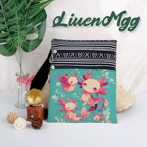 Cartoon Axolotls Messenger Bag Small Ethnic Pattern Printed Adjustable Strap Crossbody Zipper Bag Cartoon Axolotls Phone Bag Wallet Cute Shoulder Handbag for Women -2 in Saudi Arabia