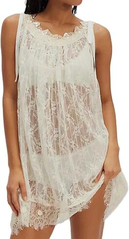 Women Lace Mini Slip Dress Sleeveless Backless Sheer Floral See-Through Short Mesh Dress Babydoll Lingerie Nighgown in Saudi Arabia
