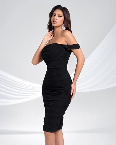 Women's Off Shoulder Cocktail Dresses Sexy Bodycon Ruched Mesh Wedding Guest Mini Dress in Saudi Arabia
