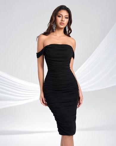 Women's Off Shoulder Cocktail Dresses Sexy Bodycon Ruched Mesh Wedding Guest Mini Dress in Saudi Arabia