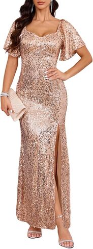 Women's Elegant Sequin Flutter Sleeve Sweetheart Neck Bodycon Split Party Gowns Evening Maxi Dress in Kuwait