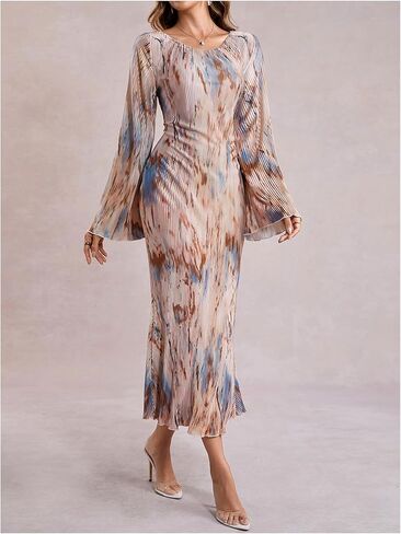 SweatyRocks Women's Tie Dye Bodycon Dress Pleated Bell Sleeves Fishtail Party Long Dresses in Saudi Arabia