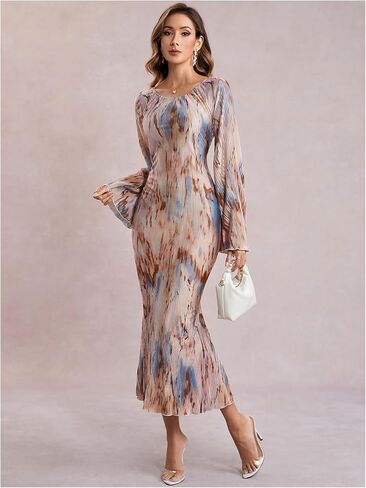 SweatyRocks Women's Tie Dye Bodycon Dress Pleated Bell Sleeves Fishtail Party Long Dresses in Saudi Arabia