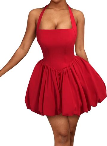 LovelyWholesale Women Halter Bubble Dress Sexy Backless Lace Back Mini Dresses Summer Party Club in Kuwait