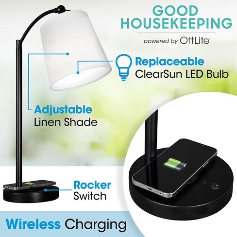 مصباح مكتب LED مظلل من OttLite Good Housekeeping مع وسادة شحن لاسلكية - مصمم لتقليل إجهاد العين - ظل قابل للتعديل، لمبة ClearSun LED قابلة للاستبدال، صياغة، إضاءة للقراءة، مصباح مكتب in Saudi Arabia