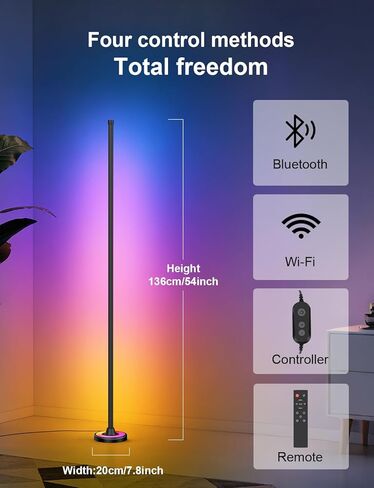 مصباح أرضي زاوية APPECK RGBW مع التحكم في تطبيق Wi-Fi، مصابيح قائمة ذكية مقاس 60 بوصة مع 114 مشهدًا، وضع DIY، مزامنة الموسيقى، مصابيح قائمة حديثة لغرفة النوم، غرفة المعيشة in Kuwait