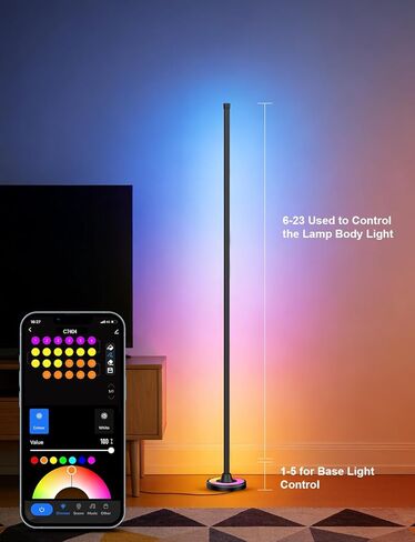 مصباح أرضي زاوية APPECK RGBW مع التحكم في تطبيق Wi-Fi، مصابيح قائمة ذكية مقاس 60 بوصة مع 114 مشهدًا، وضع DIY، مزامنة الموسيقى، مصابيح قائمة حديثة لغرفة النوم، غرفة المعيشة in Kuwait