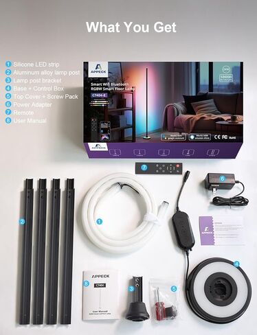 مصباح أرضي زاوية APPECK RGBW مع التحكم في تطبيق Wi-Fi، مصابيح قائمة ذكية مقاس 60 بوصة مع 114 مشهدًا، وضع DIY، مزامنة الموسيقى، مصابيح قائمة حديثة لغرفة النوم، غرفة المعيشة in Kuwait