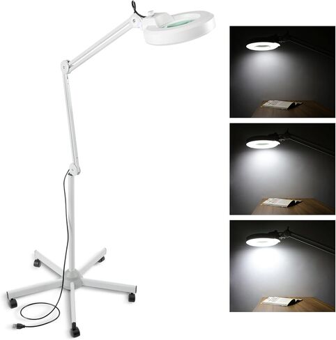عدسة مكبرة VARIPOWDER 5X مع ضوء وحامل، مصباح أرضي مكبر مع 5 عجلات متدحرجة، مصباح أرضي لأخصائيي التجميل للوجه، وصلات رموش عمل قابلة للتعتيم، الخياطة، العمل القريب، الحرف اليدوية in Kuwait