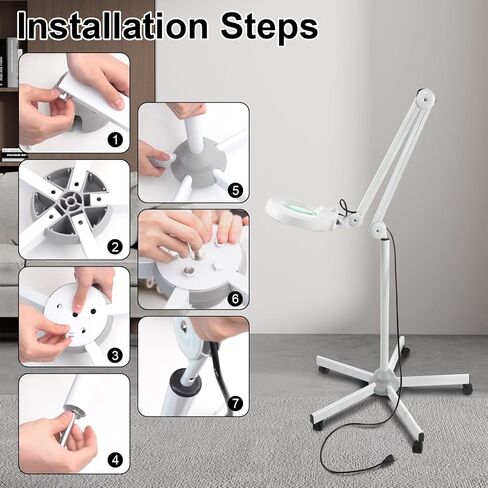 عدسة مكبرة VARIPOWDER 5X مع ضوء وحامل، مصباح أرضي مكبر مع 5 عجلات متدحرجة، مصباح أرضي لأخصائيي التجميل للوجه، وصلات رموش عمل قابلة للتعتيم، الخياطة، العمل القريب، الحرف اليدوية in Kuwait