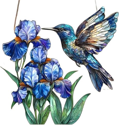1PC Hummingbird and Irises Acrylic Suncatcher Hanging, 7.08 inch Window Decor with Printed Stained Glass Style Design, Rainbow Maker Wall Art, Gift Idea & Garden Ornament Indoor Outdoor Use/DW-21 in Saudi Arabia
