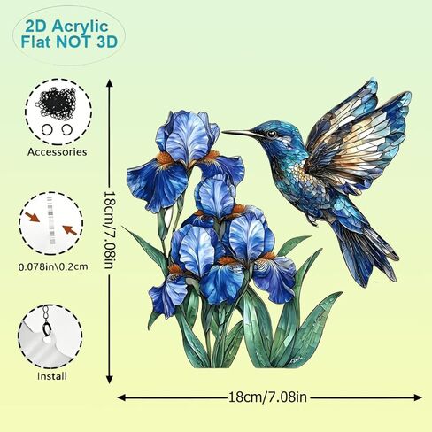 1PC Hummingbird and Irises Acrylic Suncatcher Hanging, 7.08 inch Window Decor with Printed Stained Glass Style Design, Rainbow Maker Wall Art, Gift Idea & Garden Ornament Indoor Outdoor Use/DW-21 in Saudi Arabia