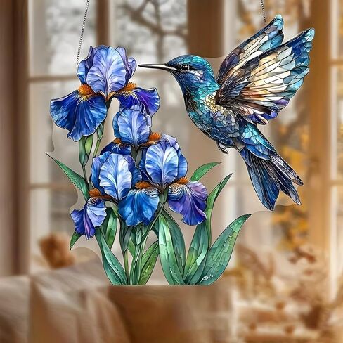 1PC Hummingbird and Irises Acrylic Suncatcher Hanging, 7.08 inch Window Decor with Printed Stained Glass Style Design, Rainbow Maker Wall Art, Gift Idea & Garden Ornament Indoor Outdoor Use/DW-21 in Saudi Arabia
