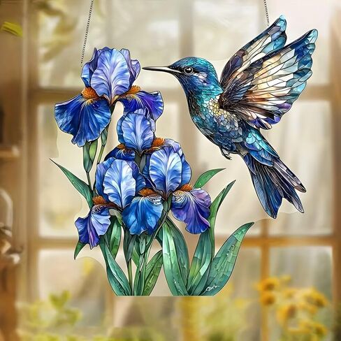 1PC Hummingbird and Irises Acrylic Suncatcher Hanging, 7.08 inch Window Decor with Printed Stained Glass Style Design, Rainbow Maker Wall Art, Gift Idea & Garden Ornament Indoor Outdoor Use/DW-21 in Saudi Arabia