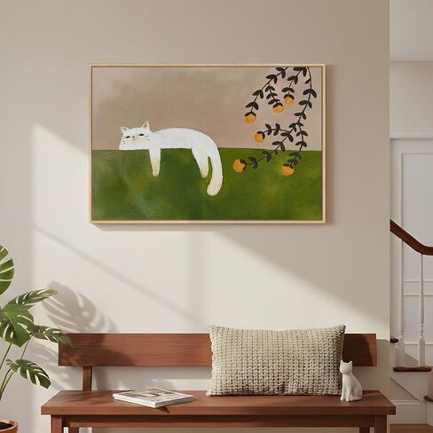 Framed Neutral and Green Wall Art for Bedroom Decor, Large Cozy Cat Canvas Painting Artwork for Room Walls, Green Picture Print for Dining Room Nursery Guest Room Hallway Wall Art Decor, 24x36 Inch in Kuwait