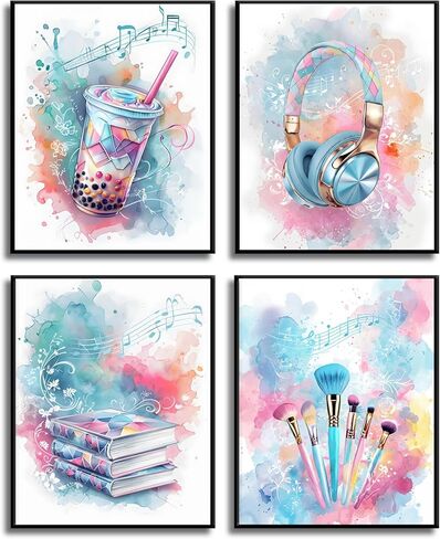 4 Pcs Tween Teen Girls Bedroom Wall Art Watercolor Pictures Teenager Music Lovers Posters Wall Decor Printing Makeup Brushes Boba Tea Headphones Books prints for Girl Dorm Bedroom 8x10in Poster in Saudi Arabia