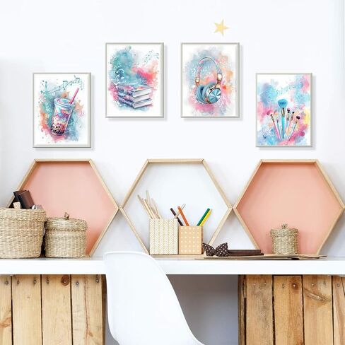 4 Pcs Tween Teen Girls Bedroom Wall Art Watercolor Pictures Teenager Music Lovers Posters Wall Decor Printing Makeup Brushes Boba Tea Headphones Books prints for Girl Dorm Bedroom 8x10in Poster in Saudi Arabia