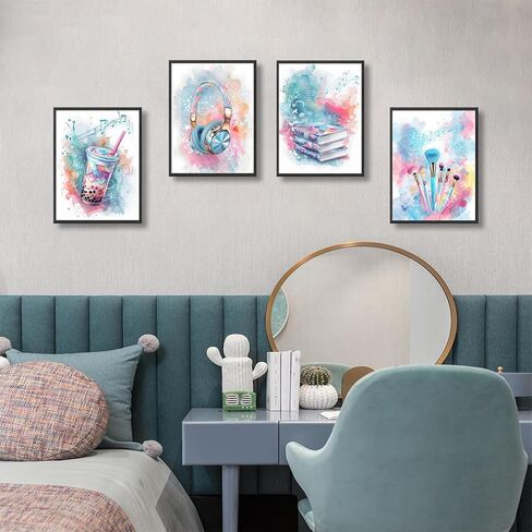 4 Pcs Tween Teen Girls Bedroom Wall Art Watercolor Pictures Teenager Music Lovers Posters Wall Decor Printing Makeup Brushes Boba Tea Headphones Books prints for Girl Dorm Bedroom 8x10in Poster in Saudi Arabia