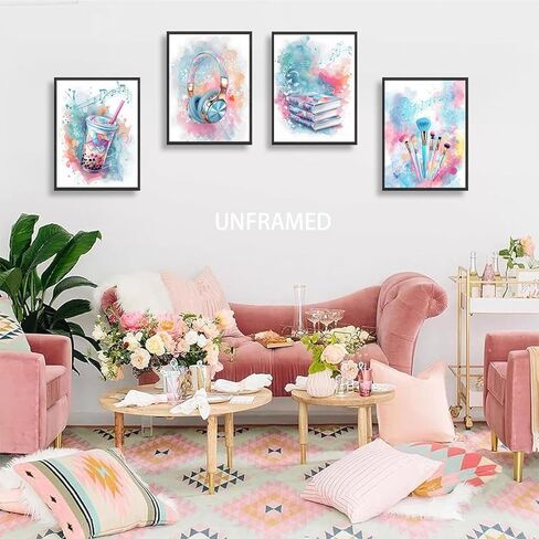 4 Pcs Tween Teen Girls Bedroom Wall Art Watercolor Pictures Teenager Music Lovers Posters Wall Decor Printing Makeup Brushes Boba Tea Headphones Books prints for Girl Dorm Bedroom 8x10in Poster in Saudi Arabia