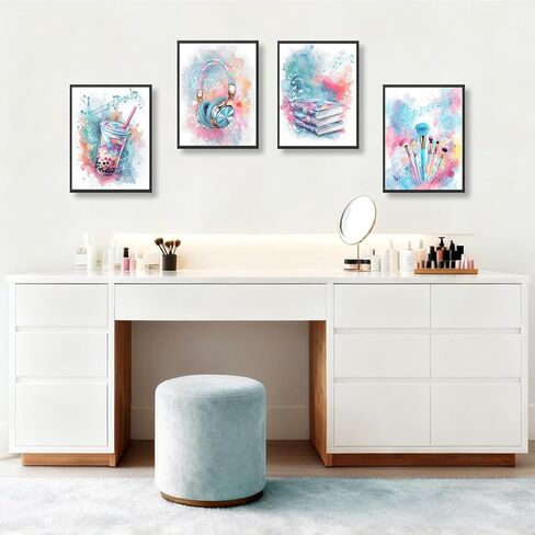 4 Pcs Tween Teen Girls Bedroom Wall Art Watercolor Pictures Teenager Music Lovers Posters Wall Decor Printing Makeup Brushes Boba Tea Headphones Books prints for Girl Dorm Bedroom 8x10in Poster in Saudi Arabia