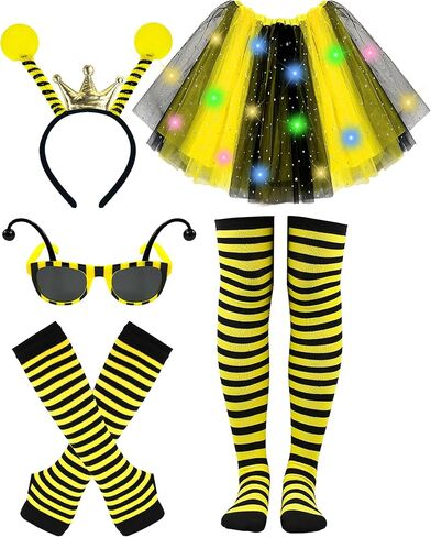 5pcs Girls Light Up Bee Costume Accessories, LED Yellow Tutu Skirt, Bopper Antenna Headband, Sunglasses, Cuffs and Sock for Honey Bee Party Halloween Cosplay in Kuwait