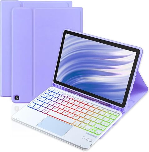 حافظة لوحة المفاتيح Trackpad لجهاز Amazon Fire HD 10/10 Plus 10.1 بوصة، لوحة مفاتيح قابلة لإعادة الشحن بإضاءة خلفية 7 ألوان مع غطاء متعدد الزوايا للأطفال للكمبيوتر اللوحي (أخضر نعناعي + أبيض) in Kuwait
