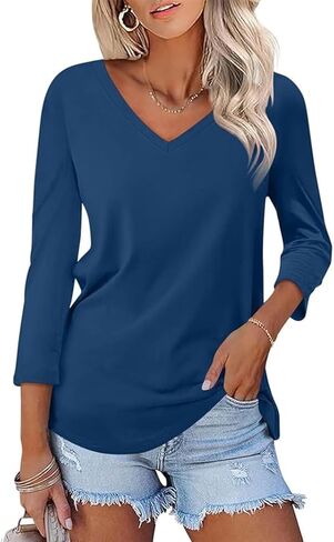 Poetsky Women's V Neck 3/4 Sleeve T Shirt Casual Loose Basic Tops Summer Tee Blouses in Kuwait
